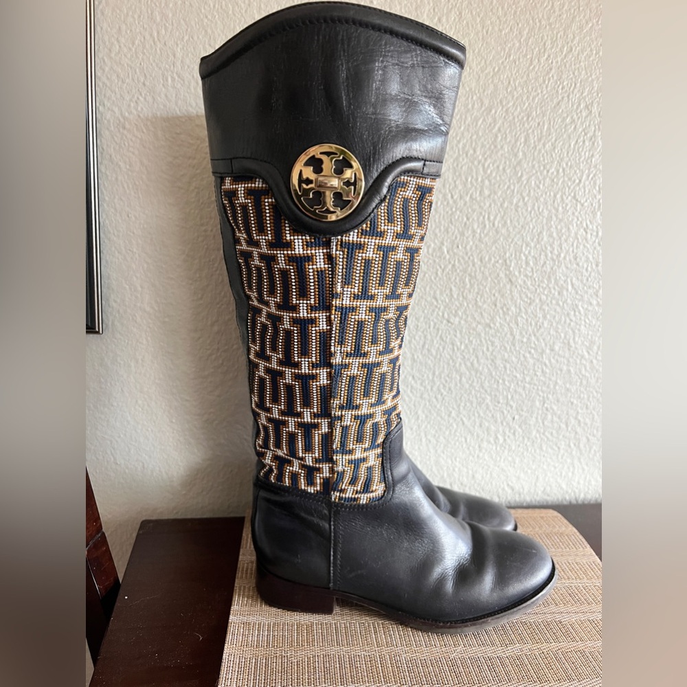 Tory Burch Needlepoint Riding Boots - Size 7.5 - Navy/Multi